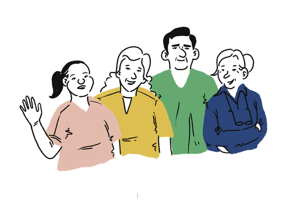 An illustration of carers waving